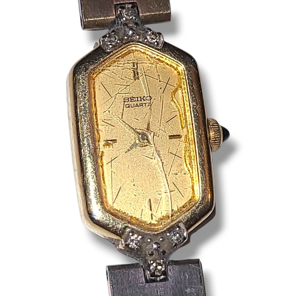 Vintage Seiko Quartz Ladies Watch Gold Tone Rhinestone Accent Parts Repair
